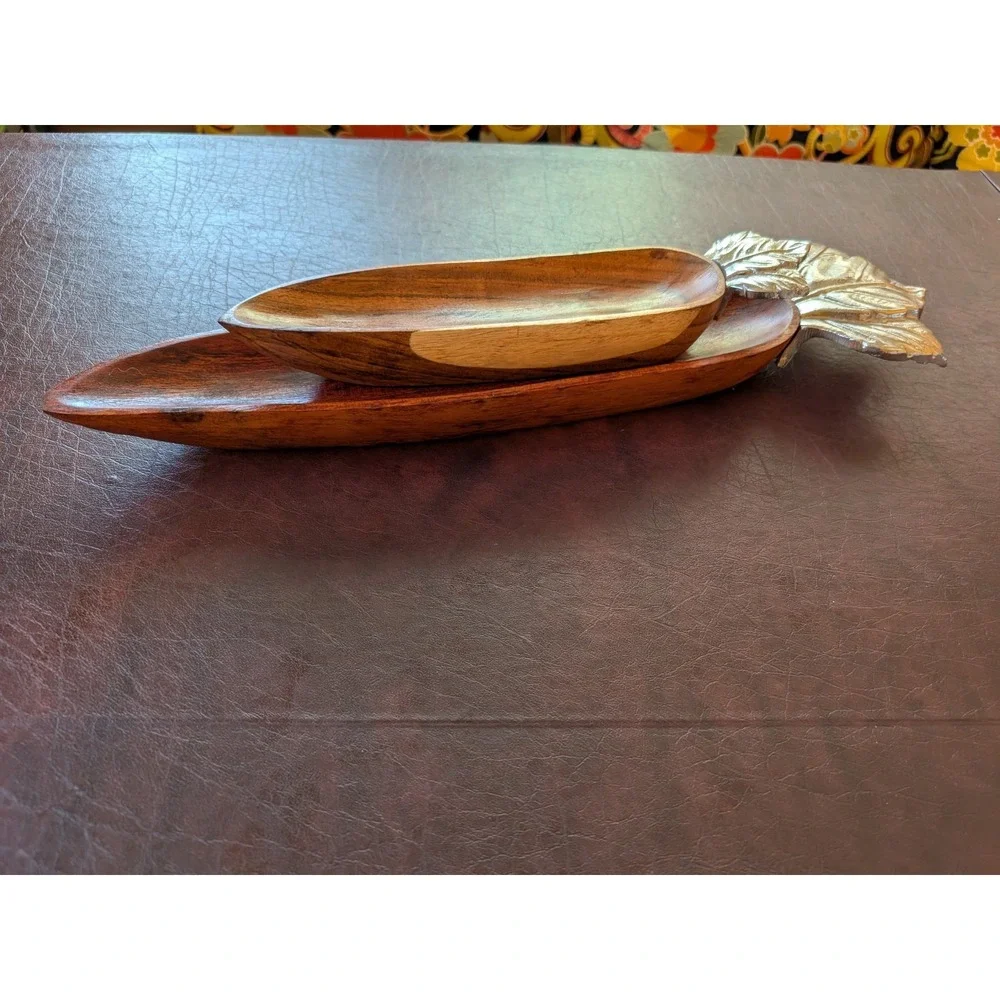 2x Hand Carved in India Wooden and Pewter Stacking Carrots Serving Tray (Pier 1)
